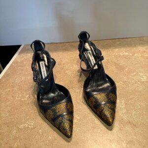 Manolo Blahnik navy leather slingback heels with gold embroidery